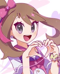 Rule 34 | 1girl, :d, bow, brown hair, creatures (company), earrings, game freak, grey eyes, hair bow, hands up, heart, heart hands, heart in heart hands, heart of string, highres, jewelry, may (pokemon), medium hair, nintendo, omochi (omotimotittona3), one side up, open mouth, pink bow, pokemon, pokemon oras, round teeth, smile, solo, teeth, upper body, upper teeth only