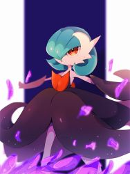 Rule 34 | 1girl, alternate color, arms up, aura, bare shoulders, black dress, black gloves, blue background, blue hair, blurry, bob cut, colored skin, creatures (company), depth of field, dress, elbow gloves, female focus, flat chest, game freak, gardevoir, gen 3 pokemon, gloves, hair over one eye, highres, kanoi 70, mega gardevoir, mega pokemon, nintendo, one eye covered, open mouth, orange eyes, outstretched arms, pokemon, pokemon (creature), shiny pokemon, short hair, simple background, solo, standing, strapless, strapless dress, white skin
