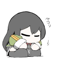 Rule 34 | 1girl, belt, black footwear, black hair, bow, bowing, bowtie, chibi, chikuma (kancolle), closed eyes, green jacket, jacket, kantai collection, long hair, long sleeves, no mouth, puffy sleeves, side slit, solo, task (s task80), white background