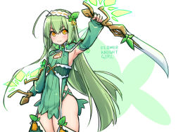 Rule 34 | 1girl, copyright name, cowboy shot, detached sleeves, dual wielding, covered erect nipples, expressionless, fingerless gloves, flat chest, flower knight girl, gloves, green gloves, green hair, green skirt, green theme, hairband, holding, long hair, looking at viewer, miniskirt, mint (flower knight girl), reverse grip, side slit, skirt, solo, stroma, sword, thigh strap, weapon, white background, yellow eyes
