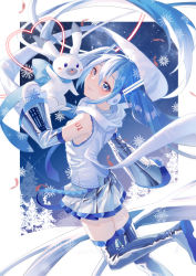 Rule 34 | 1girl, absurdly long hair, aono 99, blue eyes, blue hair, boots, closed mouth, detached sleeves, floating hair, gloves, grey footwear, grey sleeves, hair between eyes, hatsune miku, highres, long hair, long sleeves, looking at viewer, miniskirt, pleated skirt, rabbit yukine, scarf, shirt, skirt, sky, sleeveless, sleeveless shirt, sleeves past wrists, smile, snowflake print, snowflakes, solo, standing, standing on one leg, star (sky), starry sky, thigh boots, thighhighs, very long hair, vocaloid, white gloves, white scarf, white shirt, white skirt, yuki miku, zettai ryouiki
