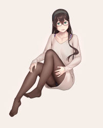Rule 34 | 1girl, alternate costume, black hair, blush, commentary request, dress, feet, full body, glasses, green eyes, hairband, highres, kantai collection, legs, long hair, long sleeves, looking at viewer, no shoes, ooyodo (kancolle), panties, panties under pantyhose, pantyhose, semi-rimless eyewear, simple background, sitting, smile, solo, sweater, sweater dress, under-rim eyewear, underwear, yuuji (and)