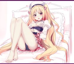 Rule 34 | 1girl, :o, ahoge, ass, azur lane, barefoot, bed, black panties, blonde hair, blush, braid, breasts, breasts apart, rabbit hair ornament, choker, commentary request, crescent (azur lane), crossed ankles, feet, frown, hair ornament, hat, long hair, long sleeves, looking at viewer, lying, medium breasts, miniskirt, nail polish, no bra, open clothes, open mouth, panties, pantyshot, pillow, pink nails, pink skirt, plaid, plaid ribbon, plaid skirt, puffy long sleeves, puffy sleeves, red eyes, remodel (azur lane), ribbon, shirt, single braid, skirt, tenrai, toes, two side up, underbust, underwear, v-shaped eyebrows, very long hair, wavy hair, white shirt