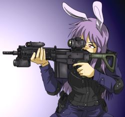 Rule 34 | 1girl, aiming, animal ears, assault rifle, bad id, bad pixiv id, battle rifle, rabbit ears, female focus, gun, junkei, left-handed, long hair, military operator, purple hair, red eyes, reisen udongein inaba, rifle, scope, sig sauer 556, solo, touhou, vest, weapon