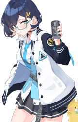 Rule 34 | 1girl, absurdres, black hair, black skirt, blue-framed eyewear, blue archive, blue necktie, blue vest, blush, breasts, can, chihiro (blue archive), closed mouth, collared shirt, cowboy shot, glasses, green eyes, highres, holding, holding can, isocha, jacket, large breasts, long sleeves, necktie, open clothes, open jacket, pleated skirt, shirt, short hair, simple background, skirt, smile, solo, vest, white background, white jacket, white shirt
