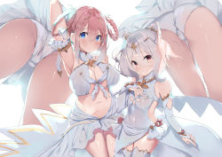 Rule 34 | 2girls, antenna hair, arm up, armpits, ass, bad id, bad pixiv id, bare shoulders, blue eyes, blush, braid, braided hair rings, breasts, bridal gauntlets, cameltoe, closed mouth, commentary request, cone hair bun, covered erect nipples, covered navel, dress, eyes visible through hair, gloves, hair between eyes, hair bun, hair ears, hair ornament, halterneck, highres, kokkoro (ceremonial) (princess connect!), kokkoro (princess connect!), large breasts, legs together, looking at viewer, multiple girls, multiple views, navel, nose blush, noto kurumi, panties, pink hair, princess connect!, red eyes, short hair, sidelocks, simple background, skirt, sleeveless, sleeveless dress, smile, thighhighs, underwear, white background, white dress, white gloves, white legwear, white panties, yui (ceremonial) (princess connect!), yui (princess connect!)