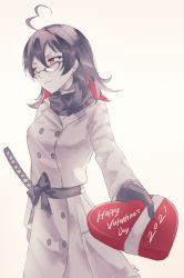 Rule 34 | 1girl, 2021, ahoge, ark ford, beige background, black gloves, black hair, candy, chocolate, chocolate heart, colored inner hair, enma-chan, food, glasses, gloves, grey jacket, happy valentine, heart, highres, hololive, hololive english, jacket, katana, looking to the side, multicolored hair, red eyes, red hair, solo, sword, valentine, virtual youtuber, weapon