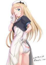 Rule 34 | 1girl, ass, blonde hair, blue eyes, blue sailor collar, blush, dress, gloves, hat, jervis (kancolle), kantai collection, lifting own clothes, long hair, looking at viewer, moke ro, one eye closed, panties, sailor collar, sailor dress, sailor hat, short sleeves, simple background, smile, solo, underwear, white background, white dress, white gloves, white panties, yes