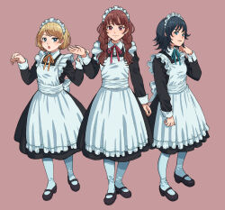Rule 34 | 3girls, :o, apron, arm at side, black dress, black footwear, black hair, blonde hair, blue eyes, braid, brown background, brown hair, closed mouth, collared dress, commentary, dress, full body, green ribbon, hand up, highres, long sleeves, looking at viewer, low twin braids, maid, maid apron, maid headdress, mary janes, medium hair, multiple girls, neck ribbon, open mouth, original, pantyhose, parted lips, pink eyes, red ribbon, ribbon, shoes, short hair, simple background, smile, standing, tanuki koubou, twin braids, white apron, white pantyhose, yellow ribbon