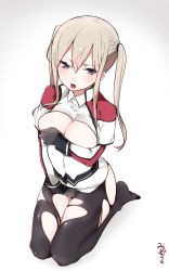 Rule 34 | 10s, 1girl, black pantyhose, blonde hair, blue eyes, blush, breasts, breasts out, capelet, cleavage, covering privates, covering breasts, covering crotch, from above, gloves, graf zeppelin (kancolle), hair between eyes, highres, kantai collection, large breasts, long hair, miniskirt, mitsudoue, open mouth, pale skin, pantyhose, seiza, sidelocks, sitting, skirt, solo, torn clothes, torn pantyhose, tsurime, twintails, uniform
