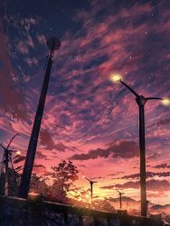 Rule 34 | absurdres, cloud, cloudy sky, commentary request, grass, highres, lamp, mountainous horizon, no humans, original, outdoors, red sky, scenery, sky, skyrick9413, sunset