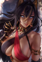 Rule 34 | 1girl, armlet, artist name, black hair, blonde hair, blue eyes, blurry, blurry background, breasts, claw pose, claw ring, cleavage, colored tips, criss-cross halter, crossed bangs, dangle earrings, dark-skinned female, dark skin, dated, dehya (genshin impact), earrings, genshin impact, gold choker, hair between eyes, halterneck, hand up, jewelry, large breasts, lips, looking at viewer, multicolored hair, olchas, parted lips, patreon username, signature, slit pupils, smile, solo, streaked hair, upper body