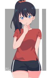 Rule 34 | 1girl, absurdres, arm behind back, black hair, black shorts, blue eyes, breasts, commentary, gridman universe, highres, long hair, looking at viewer, open mouth, ponytail, red shirt, shirt, shorts, small breasts, solo, ssss.gridman, t-shirt, takarada rikka, tamago (uhdr2338), thighs
