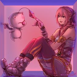 Rule 34 | 1girl, armlet, blue eyes, choker, commentary, dicesms, earrings, final fantasy, final fantasy xiii, gloves, hair ornament, hair over shoulder, jewelry, long hair, mog, moogle, open mouth, pink hair, serah farron, side ponytail, signature, sitting, skirt, thighhighs
