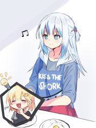Rule 34 | 2girls, = =, apron, black shirt, blonde hair, blue apron, blue eyes, blue hair, blue hoodie, commentary, egg (food), eighth note, english commentary, food, fried egg, gawr gura, hair ornament, hololive, hololive english, hood, hoodie, light bulb, long hair, medium hair, misaki d3su, multicolored hair, multiple girls, musical note, plate, red apron, shark hair ornament, shirt, silver hair, sleeves rolled up, t-shirt, two-tone hair, virtual youtuber, watson amelia