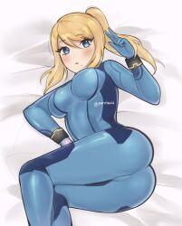Rule 34 | 1girl, ass, blonde hair, blue eyes, blush, bodysuit, breasts, cameltoe, commentary, feet out of frame, hair between eyes, hand up, highres, large breasts, long hair, looking at viewer, metroid, nintendo, parted lips, ponytail, purrlucii, samus aran, solo, thighs, w, zero suit