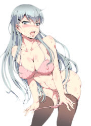 Rule 34 | 10s, 1girl, aqua eyes, aqua hair, bare shoulders, blush, bra, breasts, brown thighhighs, collarbone, covered erect nipples, dawy, female focus, groin, highres, kantai collection, large breasts, leaning, leaning forward, long hair, looking at viewer, navel, open mouth, panties, panty pull, pink bra, pink panties, pussy juice, simple background, solo, suzuya (kancolle), sweat, thighhighs, toned, underwear, underwear only, white background