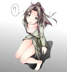 Rule 34 | 10s, 1girl, ?, bad id, bad pixiv id, barefoot, breasts, brown eyes, brown hair, downblouse, feet, from above, full body, gradient background, grey background, highres, kantai collection, knees together feet apart, legs, long hair, looking at viewer, looking up, parted lips, ponytail, shadow, sitting, small breasts, solo, spoken question mark, stool, tamagane chikyu, zuihou (kancolle)