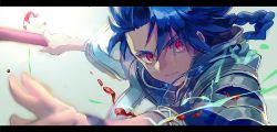Rule 34 | 1boy, angry, asymmetrical bangs, blood, blue hair, bracelet, braid, braided ponytail, close-up, closed mouth, cu chulainn (fate), earrings, fate/grand order, fate/grand order arcade, fate (series), floating hair, foreshortening, holding, holding weapon, jewelry, letterboxed, long hair, long sleeves, looking at viewer, male focus, nyk (pixiv 57109622), ponytail, red eyes, setanta (fate), slit pupils, solo, spiked hair, weapon