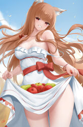 Rule 34 | 1girl, animal ear fluff, animal ears, apple, bare arms, bare shoulders, bird, blue sky, blush, bracelet, breasts, brown hair, cleavage, clothes lift, collarbone, commentary, cyicheng, dress, dress lift, food, fruit, grin, holo, jewelry, lifting own clothes, long hair, looking at viewer, medium breasts, outdoors, red apple, red eyes, red ribbon, ribbon, skirt, skirt basket, skirt hold, skirt lift, sky, smile, solo, spice and wolf, tail, thighs, white dress, wolf ears, wolf girl, wolf tail