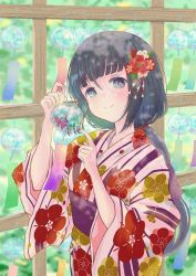 Rule 34 | 1girl, blue eyes, blue hair, character request, closed mouth, floral print, hair ornament, hands up, hatanaka marie, highres, holding, japanese clothes, kanzashi, kimono, long hair, looking at viewer, low ponytail, obi, print kimono, sash, smile, solo, standing, tenka hyakken, upper body, wind chime