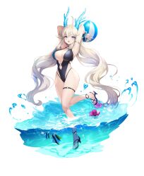 Rule 34 | 1girl, :o, ahoge, armlet, armpits, arms behind head, ball, bare arms, bare legs, bare shoulders, beachball, bikini, black footwear, black one-piece swimsuit, blue eyes, breasts, casual one-piece swimsuit, center opening, dragon girl, dragon horns, eversoul, fish, flower, full body, game cg, hair between eyes, high heels, highres, holding, holding ball, holding beachball, honglan (eversoul), horns, large breasts, long hair, looking at viewer, mole, mole on breast, mole under eye, o-ring, o-ring bikini, ocean, official alternate costume, official alternate hairstyle, official art, one-piece swimsuit, open mouth, red flower, solo, splashing, standing, standing on one leg, swimsuit, tachi-e, thigh strap, thighs, transparent background, tropical fish, twintails, white hair, wristlet