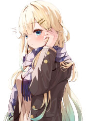 Rule 34 | 1girl, aizawa ema, blazer, blonde hair, blue eyes, blue hair, brown jacket, coat, gradient hair, hair ornament, tucking hair, hairclip, highres, jacket, long hair, long sleeves, looking at viewer, multicolored hair, open clothes, open jacket, pink sweater, purple scarf, scarf, simple background, solo, sweater, very long hair, virtual youtuber, vspo!, white background, winter clothes, yukijirushi e