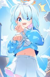 Rule 34 | 1girl, absurdres, arona (blue archive), blue archive, blue eyes, blue hair, blue serafuku, blue shirt, blue sky, blush, bow, bow hairband, collarbone, colored inner hair, commentary, cowboy shot, hair over one eye, hair ribbon, hairband, halo, hands up, highres, light blue hair, long sleeves, midriff, multicolored hair, navel, open mouth, pink hair, pleated skirt, puffy long sleeves, puffy sleeves, red halo, ribbon, sailor collar, school uniform, serafuku, shirt, shirt bow, short hair, skirt, sky, sleeve cuffs, solo, teeth, two-tone hair, upper teeth only, wep16night, white bow, white hairband, white ribbon, white sailor collar, white skirt