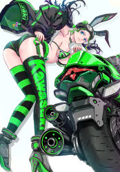 Rule 34 | 1girl, alternate eye color, alternate hairstyle, animal ears, bike shorts, biker clothes, bikini, bikini top only, black choker, black hair, blue eyes, boots, character name, choker, commentary, copyright name, earrings, english text, esozima gari, eyelashes, goggles, goggles on head, hair ornament, happy, high heel boots, high heels, highres, jacket, jewelry, kawasaki, long hair, motor vehicle, motorcycle, nico robin, one piece, rabbit ears, shorts, simple background, smile, solo, standing, swimsuit, thighhighs, thighs, twintails, white background