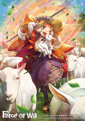 Rule 34 | 1girl, artist name, blonde hair, bow, company name, copyright name, curly hair, force of will, goat, grass, hat, leaf, long hair, magic circle, official art, one eye closed, open mouth, orange eyes, solo, sparkle, tajima yukie, tree, twintails