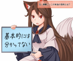 Rule 34 | &gt;:o, 1girl, :o, animal ears, brown hair, dress, fang, holding, holding sign, imaizumi kagerou, long hair, marker, parted bangs, red eyes, sign, solo, swept bangs, tail, tamahana, touhou, translation request, v-shaped eyebrows, white background, wolf ears, wolf tail