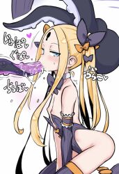 Rule 34 | 1girl, abigail williams (fate), ass, bare shoulders, bed, black bow, black leotard, black thighhighs, blonde hair, blue eyes, bow, bowtie, breasts, commentary request, detached collar, elbow gloves, fate/grand order, fate (series), full body, gloves, groin, hair bow, heart, high heels, highleg, highleg leotard, highres, keyhole, kneeling, leotard, long hair, looking at viewer, lying, multiple hair bows, on back, on bed, open mouth, orange bow, orange footwear, parted bangs, pillow, playboy bunny, senbei (avocadochaya), sharp teeth, sidelocks, single elbow glove, sitting, small breasts, teeth, tentacle in mouth, tentacles, thighhighs, twintails, very long hair, wrist cuffs