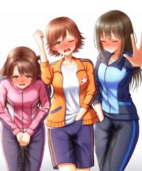 Rule 34 | 3girls, apotea, arm up, between legs, black pants, blue jacket, blue shorts, blush, breasts, brown eyes, brown hair, closed eyes, collarbone, embarrassed, female focus, half-closed eye, half-closed eyes, hand beneath clothes, hand between legs, hand in pocket, hands together, have to pee, highres, honda mio, idolmaster, idolmaster cinderella girls, jacket, jewelry, legs together, long hair, long sleeves, looking at viewer, matching hair/eyes, medium breasts, multiple girls, necklace, nose blush, one eye closed, open mouth, orange jacket, outstretched arm, pants, peeing, peeing self, pink jacket, shibuya rin, shimamura uzuki, shirt, short hair, shorts, simple background, standing, star (symbol), sweat, tears, teeth, textless version, wet, wet clothes, white background, white shirt, yellow eyes, zipper, zipper pull tab