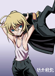 Rule 34 | 1girl, absurdres, adjusting clothes, ahoge, armpits, arms up, artist request, blonde hair, blue background, blue eyes, collarbone, cowboy shot, flat chest, gradient background, hair between eyes, highres, jacket, looking to the side, military, military uniform, nipples, pants, ribs, shirt, sleeveless, smile, solo, tanya degurechaff, uniform, white shirt, youjo senki