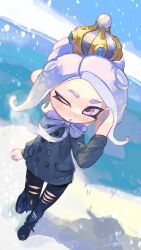 Rule 34 | 1girl, :o, black footwear, black pants, blue bow, blue bowtie, blue jacket, blue sky, bow, bowtie, buttons, commentary request, cross-laced footwear, crown, from above, full body, highres, jacket, medium hair, nintendo, octoling, octoling girl, octoling player character, one eye closed, open mouth, outdoors, pants, purple eyes, purple hair, shadow, shima (shimmer 7y), shoes, sky, snow, snowing, solo, splatoon (series), splatoon 3, standing, tentacle hair, thick eyebrows, torn clothes, torn pants, walking