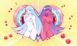 Rule 34 | 1girl, bikini, blue hair, breasts, cherry, collar, dark skin, drooling, dual persona, durame, eyelashes, finger to mouth, food, fruit, gradient hair, heart, highres, large breasts, linked piercing, long hair, looking at viewer, me!me!me!, meme (me!me!me!), multicolored hair, nipple piercing, nipples, open mouth, pale skin, piercing, purple eyes, saliva, smile, striped bikini, striped clothes, swimsuit, very long hair