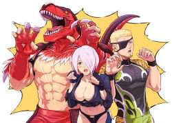 Rule 34 | 1girl, angel (kof), bra, breasts, cleavage, cropped jacket, dinosaur costume, eyepatch, fingerless gloves, gloves, griffon mask, hair over one eye, jacket, king of dinosaurs, large breasts, leather, leather jacket, nipples, ramon (kof), snk, stomach, tako, the king of fighters, the king of fighters xiv, underwear