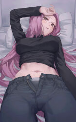 Rule 34 | 1girl, black pants, black sweater, blush, breasts, denim, fate/grand order, fate/stay night, fate (series), fingernails, glasses, hashtag-only commentary, highres, jeans, long sleeves, looking at viewer, lying, medium breasts, medusa (fate), medusa (rider) (fate), midriff, official alternate costume, on bed, panties, pants, pillow, pink eyes, pink hair, round eyewear, solo, sweater, tesin (7aehyun), thigh gap, turtleneck, turtleneck sweater, underwear, unzipped