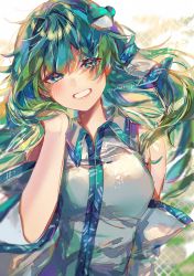Rule 34 | 1girl, ayatsuki sugure, bare shoulders, blush, breasts, collared shirt, commentary request, detached sleeves, frog, frog hair ornament, green eyes, green hair, grin, hair ornament, hair tubes, hand in own hair, head tilt, highres, kochiya sanae, long hair, looking at viewer, medium breasts, shirt, single sidelock, smile, snake, snake hair ornament, solo, touhou, twitter username, upper body, white shirt