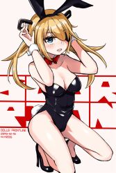Rule 34 | 1girl, alternate costume, animal ears, arms up, bare legs, bare shoulders, black footwear, black leotard, blonde hair, blue eyes, blush, bow, bowtie, breasts, character name, cleavage, collar, collarbone, copyright name, dated, detached collar, eyepatch, fake animal ears, female focus, full body, girls&#039; frontline, grey background, high heels, leotard, long hair, looking at viewer, medium breasts, niceratus kiotensis, open mouth, petite, playboy bunny, rabbit ears, rabbit pose, red bow, red bowtie, simple background, skorpion (girls&#039; frontline), smile, solo, squatting, strapless, strapless leotard, twintails, white collar, white wrist cuffs, wrist cuffs