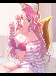Rule 34 | 1girl, :3, absurdres, animal ear fluff, animal ears, backlighting, bare shoulders, bikini, breasts, cleavage, closed mouth, collarbone, commentary request, fate/extra, fate (series), fingernails, fox ears, fox girl, fox tail, hair between eyes, highres, indoors, jacket, jewelry, kamehito, large breasts, long fingernails, long hair, long sleeves, looking at viewer, nail polish, navel, necklace, no pants, open clothes, open jacket, paid reward available, pink bikini, pink hair, pink nails, sidelocks, sitting, sleeves past wrists, smile, solo, strapless, strapless bikini, striped clothes, striped jacket, sunlight, swimsuit, tail, tamamo (fate), tamamo no mae (fate/extra), tamamo no mae (spring casual) (fate), very long hair, yellow eyes