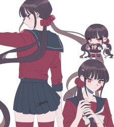 Rule 34 | 1girl, blunt bangs, bow, bowtie, brown hair, chibi, commentary, danganronpa (series), danganronpa v3: killing harmony, from behind, hair ornament, hair scrunchie, harukawa maki, highres, long hair, long sleeves, looking at viewer, low twintails, multiple views, pleated skirt, red eyes, red scrunchie, red shirt, red thighhighs, roneco, sailor collar, school uniform, scrunchie, shirt, simple background, skirt, thighhighs, twintails, white background, white bow, white bowtie
