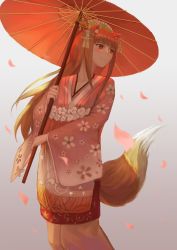 Rule 34 | 1girl, absurdres, alternate costume, animal ears, highres, holo, long hair, oil-paper umbrella, red eyes, smile, solo, spice and wolf, tail, umbrella, white background, wide sleeves, wolf ears, wolf tail, youzi (small shabao)