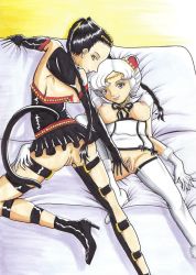 Rule 34 | 1990s (style), 2girls, animal ears, bed, bell, bishoujo senshi sailor moon, bishoujo senshi sailor moon sailor stars, black hair, boots, breasts, cat tail, clitoris, grey eyes, highres, looking at viewer, mouse ears, multiple girls, nipples, pussy, sailor iron mouse, sailor tin nyanko, smile, tail, thighhighs, twintails, uncensored, white hair, yuri