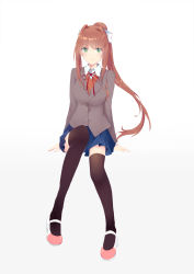 Rule 34 | 1girl, absurdres, black thighhighs, blue skirt, bow, breasts, brown hair, closed mouth, collared shirt, commentary request, doki doki literature club, full body, green eyes, grey jacket, gumengyao, hair bow, hair intakes, highres, jacket, long hair, long sleeves, looking at viewer, medium breasts, miniskirt, monika (doki doki literature club), neck ribbon, pleated skirt, ponytail, red ribbon, ribbon, school uniform, shirt, shoes, sidelocks, simple background, sitting, skirt, smile, solo, thighhighs, uwabaki, very long hair, vest, white background, white bow, white footwear, white shirt, wing collar, zettai ryouiki