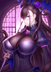 1girl black_dress blush breasts brown_hair cone_hair_bun dress fate/grand_order fate_(series) flower gem glasses hair_bun hair_ornament highres juliet_sleeves large_breasts long_hair long_sleeves looking_at_viewer masatoki murasaki_shikibu_(fate) puff_and_slash_sleeves puffy_sleeves purple_eyes purple_gemstone smile solo two_side_up umbrella very_long_hair wide_sleeves wisteria