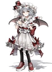 Rule 34 | 1girl, absurdres, bat wings, closed mouth, commentary, full body, grey hair, hat, hat ribbon, highres, looking at viewer, mob cap, ougiikun, red eyes, red footwear, red ribbon, remilia scarlet, ribbon, shirt, short hair, short sleeves, simple background, skirt, solo, standing, touhou, white background, white shirt, white skirt, wings, wrist cuffs