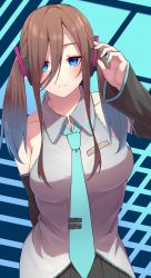 Rule 34 | 1girl, bare shoulders, blue eyes, blush, breasts, brown hair, cosplay, detached sleeves, go-toubun no hanayome, hair between eyes, half updo, hatsune miku, hatsune miku (cosplay), headphones, highres, large breasts, long hair, looking at viewer, nakano miku, name connection, necktie, skirt, smile, solo, tamago sando, thighhighs, twintails