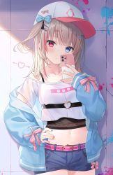 Rule 34 | 1girl, baseball cap, belt, blue eyes, blue jacket, blush, bow, breasts, hair ornament, hair ribbon, hand on own hip, hat, heterochromia, highres, hitsukuya, holding, holding phone, jacket, light brown hair, long hair, long sleeves, looking at viewer, multicolored hair, navel, off shoulder, open clothes, open jacket, original, phone, pink hair, pink ribbon, red eyes, ribbon, shirt, short shorts, shorts, small breasts, solo