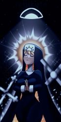 Rule 34 | 1girl, blonde hair, cross, cross necklace, double (skullgirls), closed eyes, habit, halo, highres, jewelry, narrow waist, necklace, nun, own hands together, parted lips, praying, reiji kate, skullgirls, solo, spotlight, wide hips